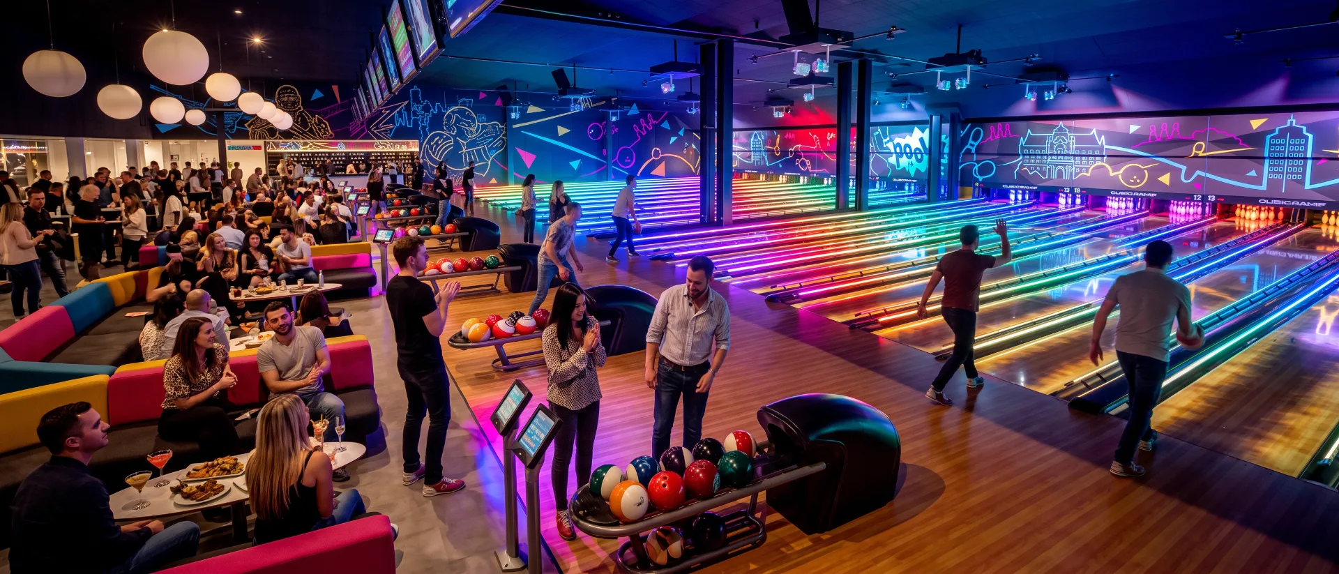 Guests bowling and socializing under neon-lit lanes