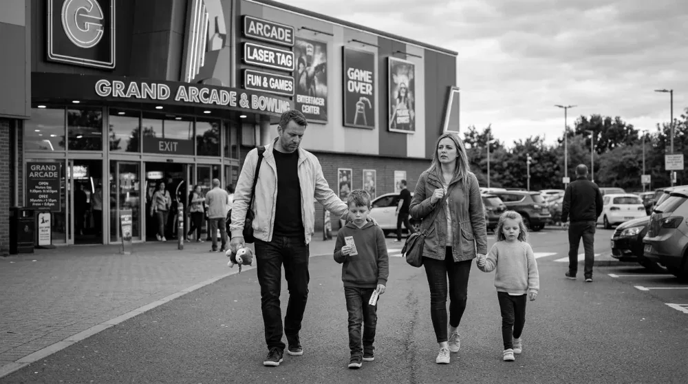 A family leaving a family entertainment center after a single visit, with no reason to return